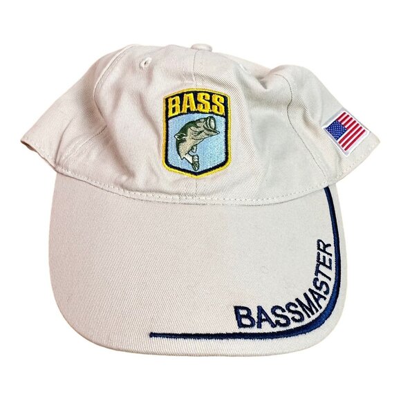 BASSMASTER Baseball Cap Hat Off White Adjustable Strap Back Fishing USA Flag New - Picture 1 of 11